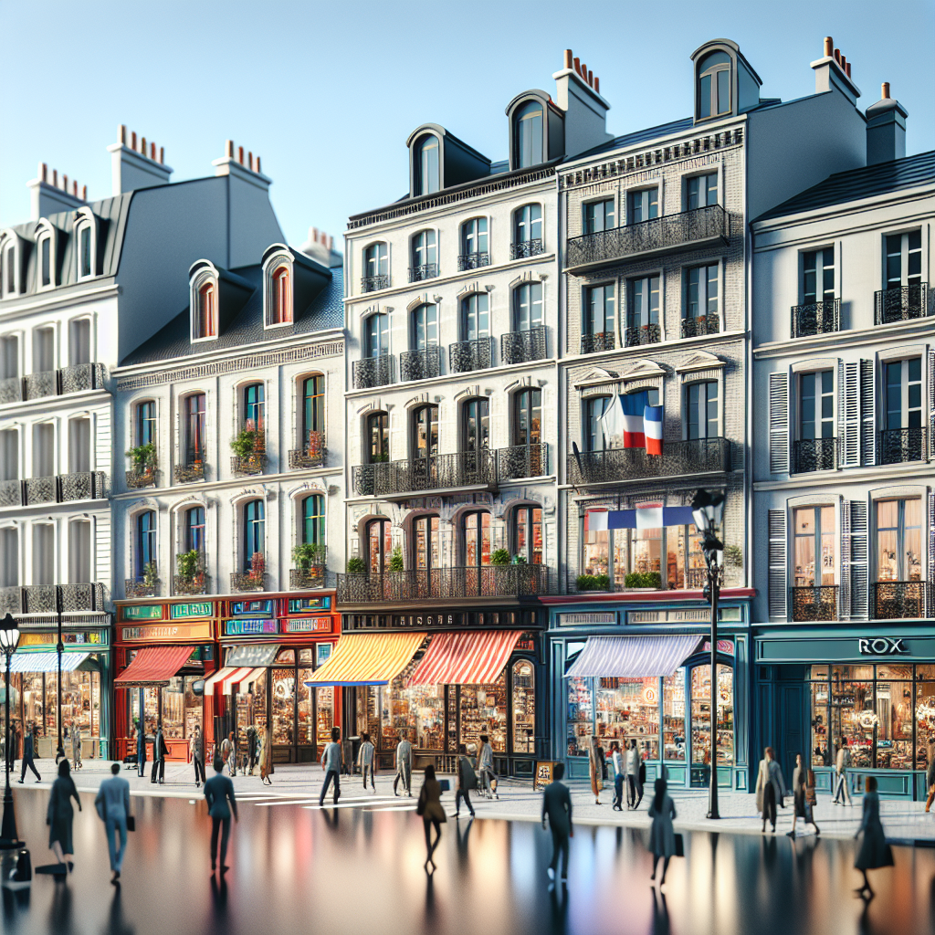 Un paysage urbain avec des enseignes de magasins affichant des noms de domaine créatifs.