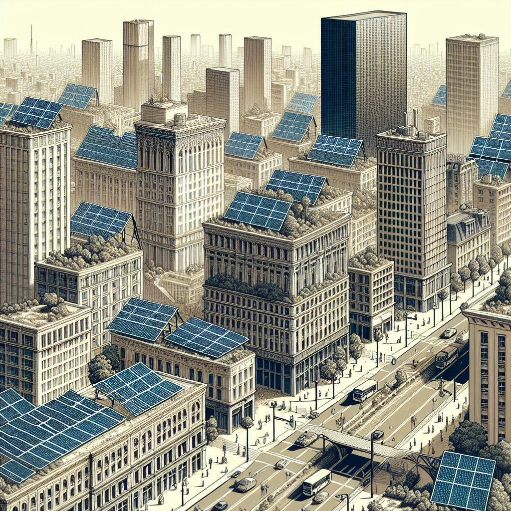 Un paysage urbain avec des panneaux solaires sur les toits.