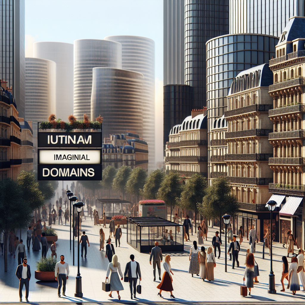 Un paysage urbain avec des panneaux de signalisation indiquant des noms de domaines imaginaires.