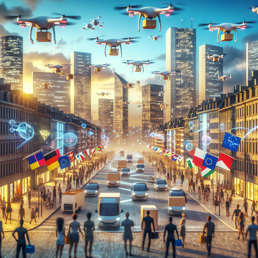 Un paysage urbain moderne avec des drones de livraison en vol.