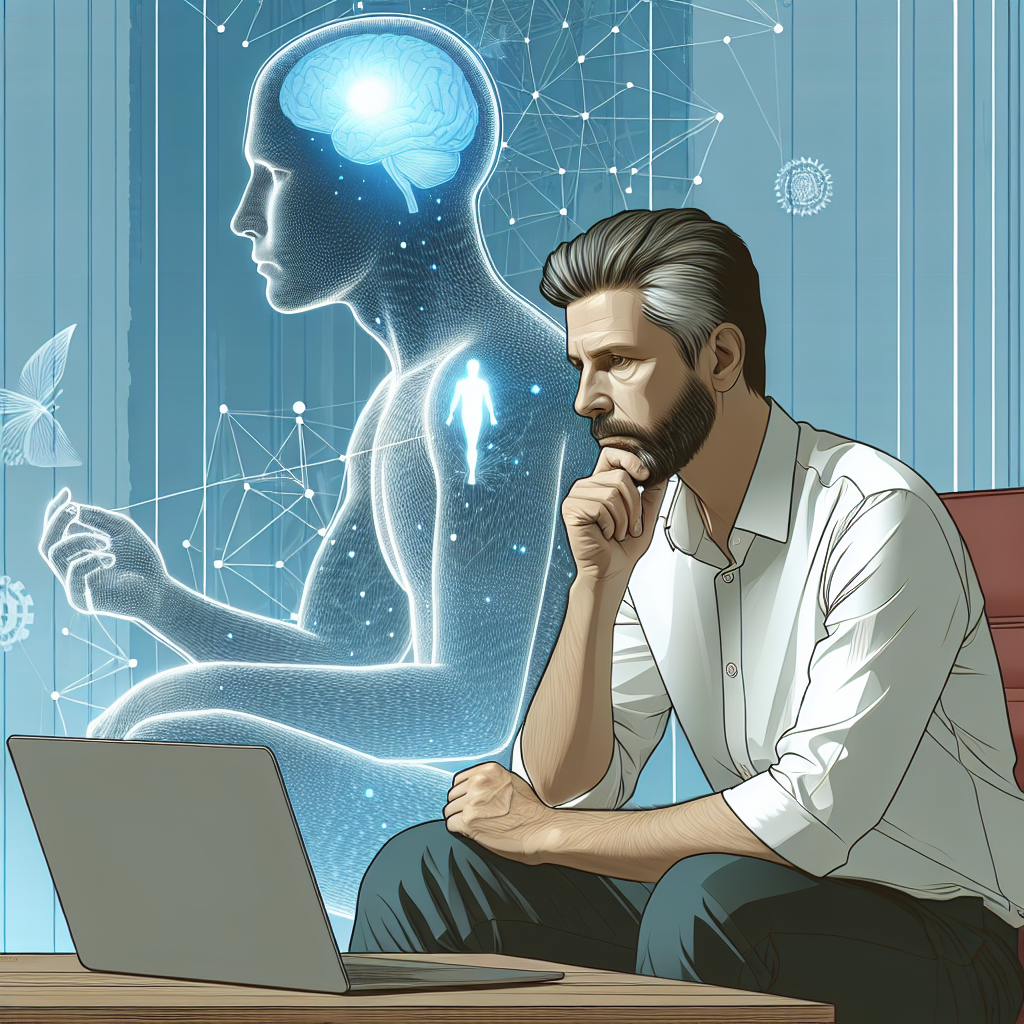 Un psychomotricien réfléchissant devant un ordinateur.