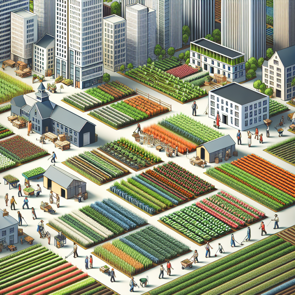 Une ferme urbaine moderne avec des bâtiments et des plantations visibles.