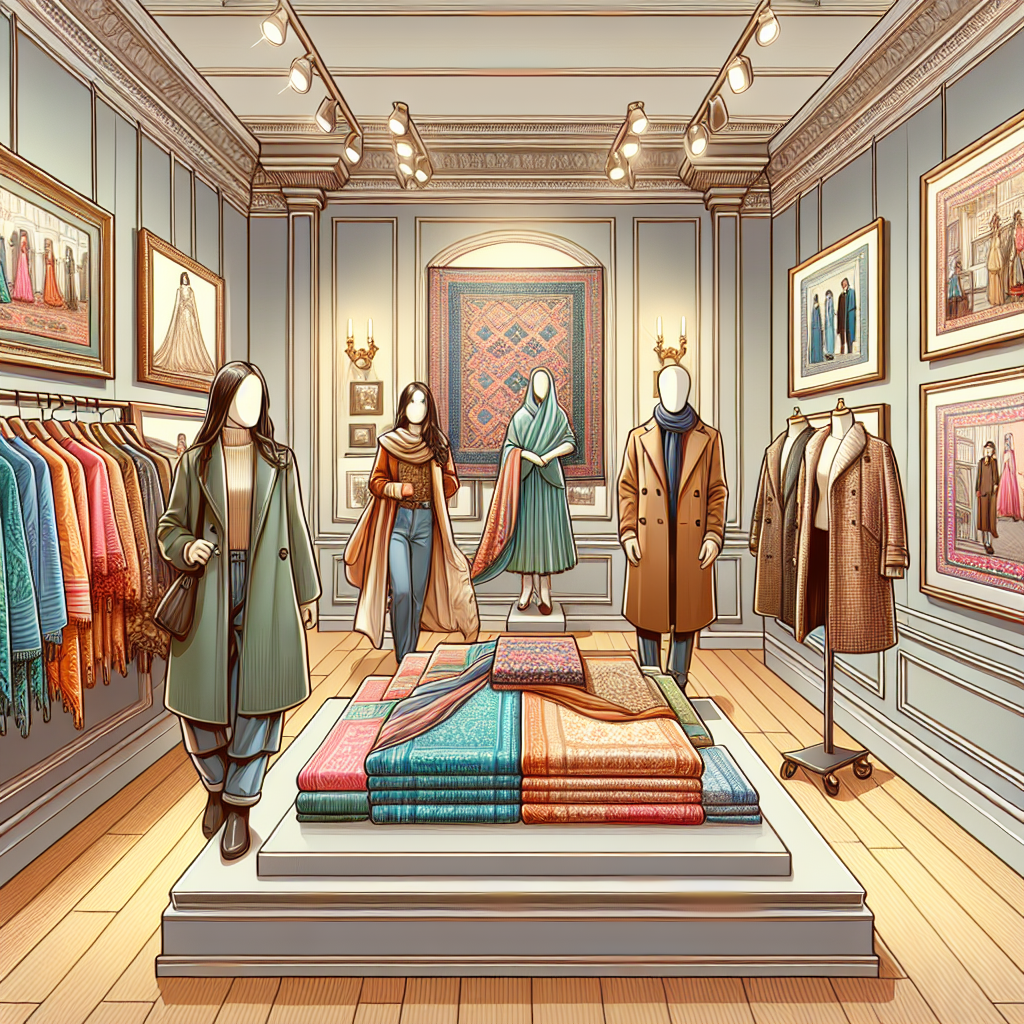 Une galerie d'art avec des images de tissus et de vêtements exposés.