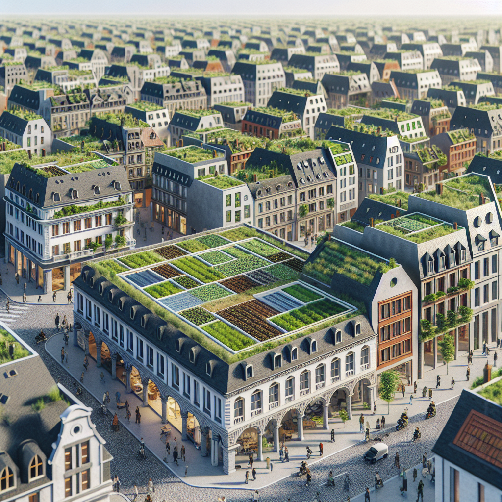 Vue aérienne d'une ville avec des fermes urbaines intégrées.