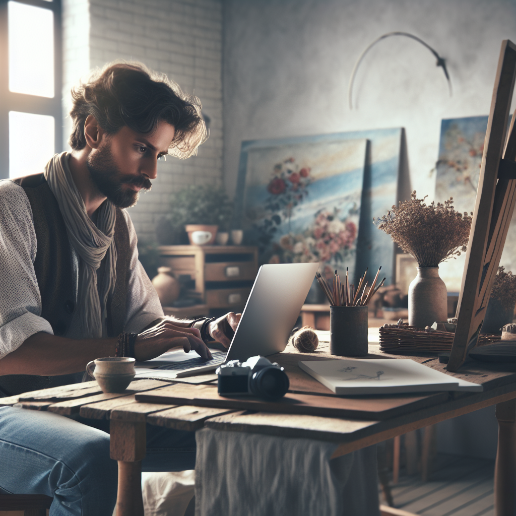 Artiste utilisant un ordinateur portable dans un studio artistique lumineux