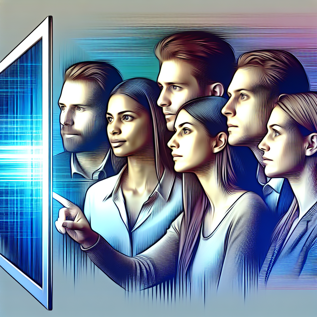 Illustration abstraite de personnes interagissant avec un écran tactile.