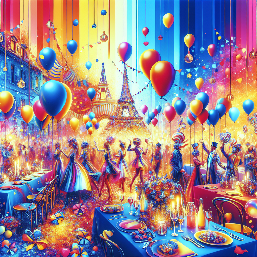 Image colorée et festive représentant une fête avec des ballons et des décorations.