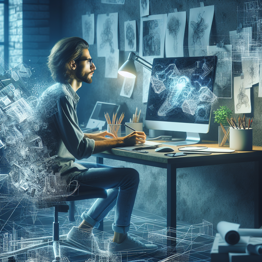 Image d'un designer travaillant sur un ordinateur avec des croquis de design autour.