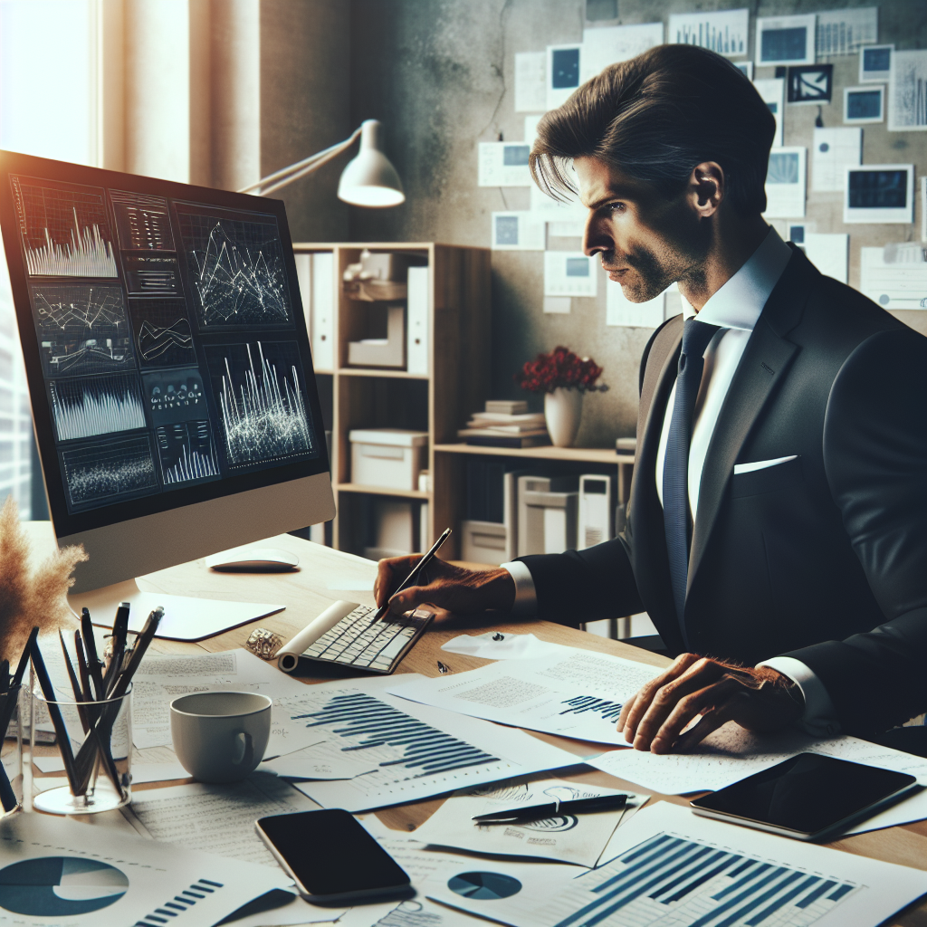 Image d'une personne travaillant sur un ordinateur avec des notes et des graphiques à côté.