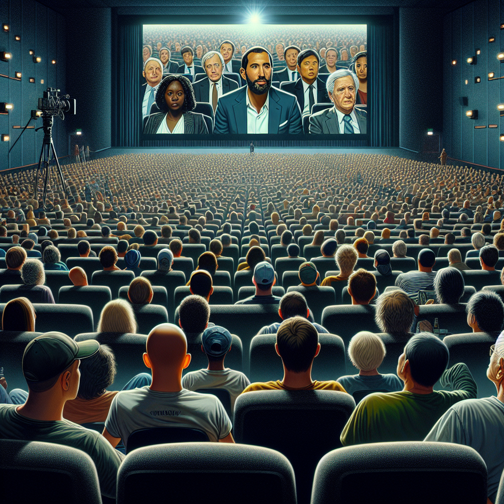 Image d'une salle de cinéma avec des spectateurs regardant un film documentaire.