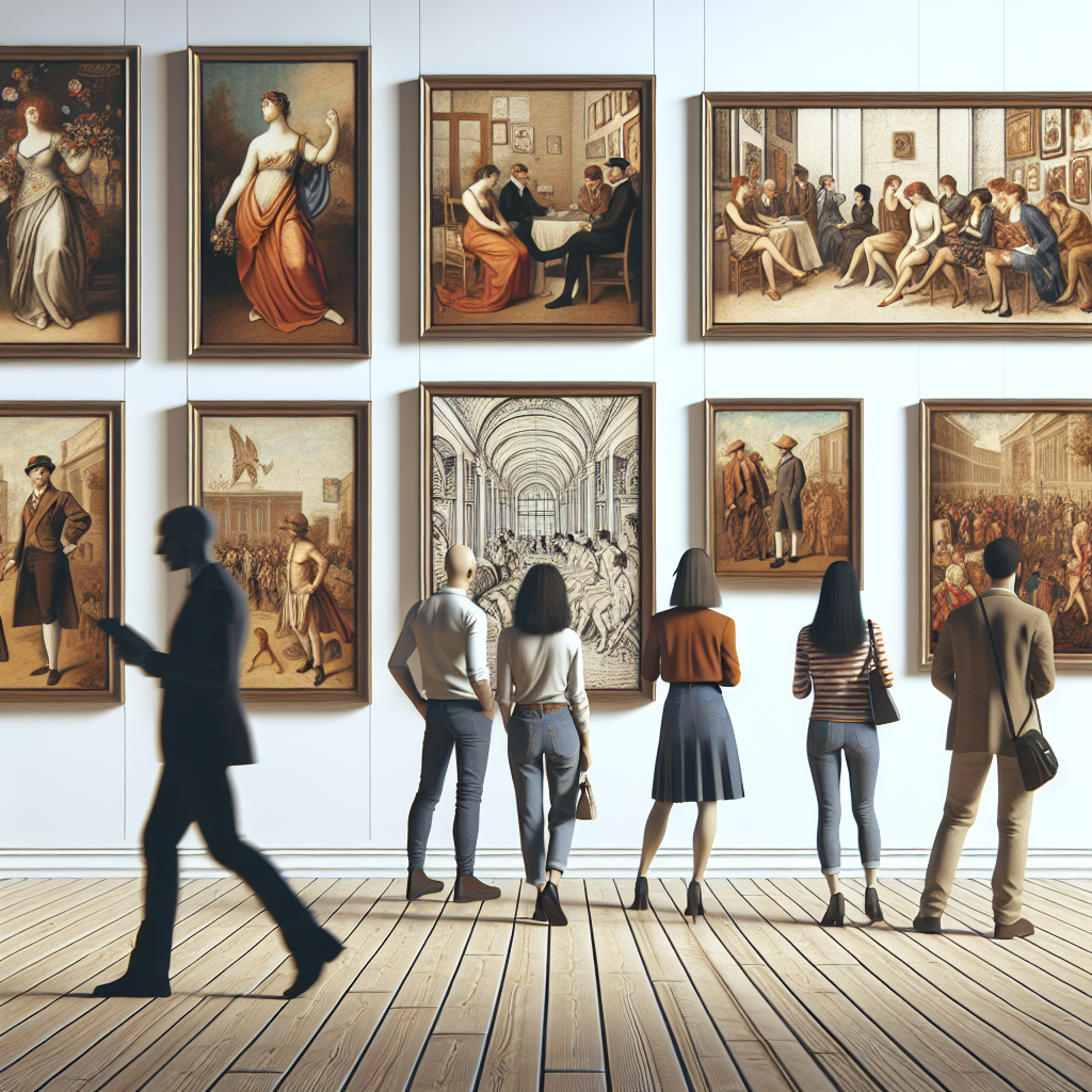 Mur d'une galerie d'art moderne avec des tableaux accrochés