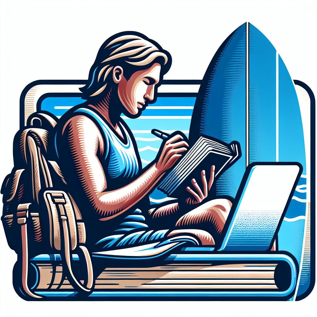 Un blogueur écrivant sur un carnet à côté d'une planche de surf.