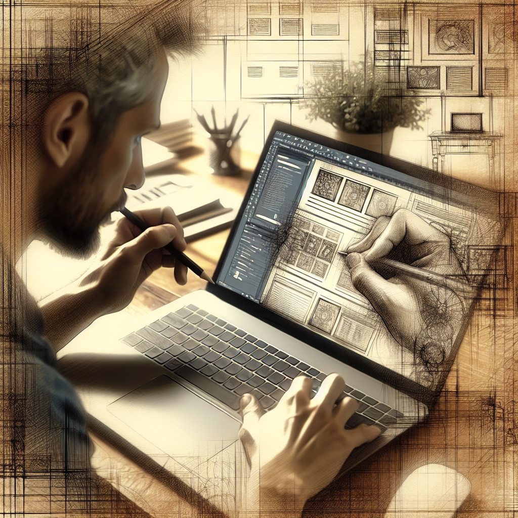 Un designer travaillant sur un ordinateur portable avec des croquis de sites web.