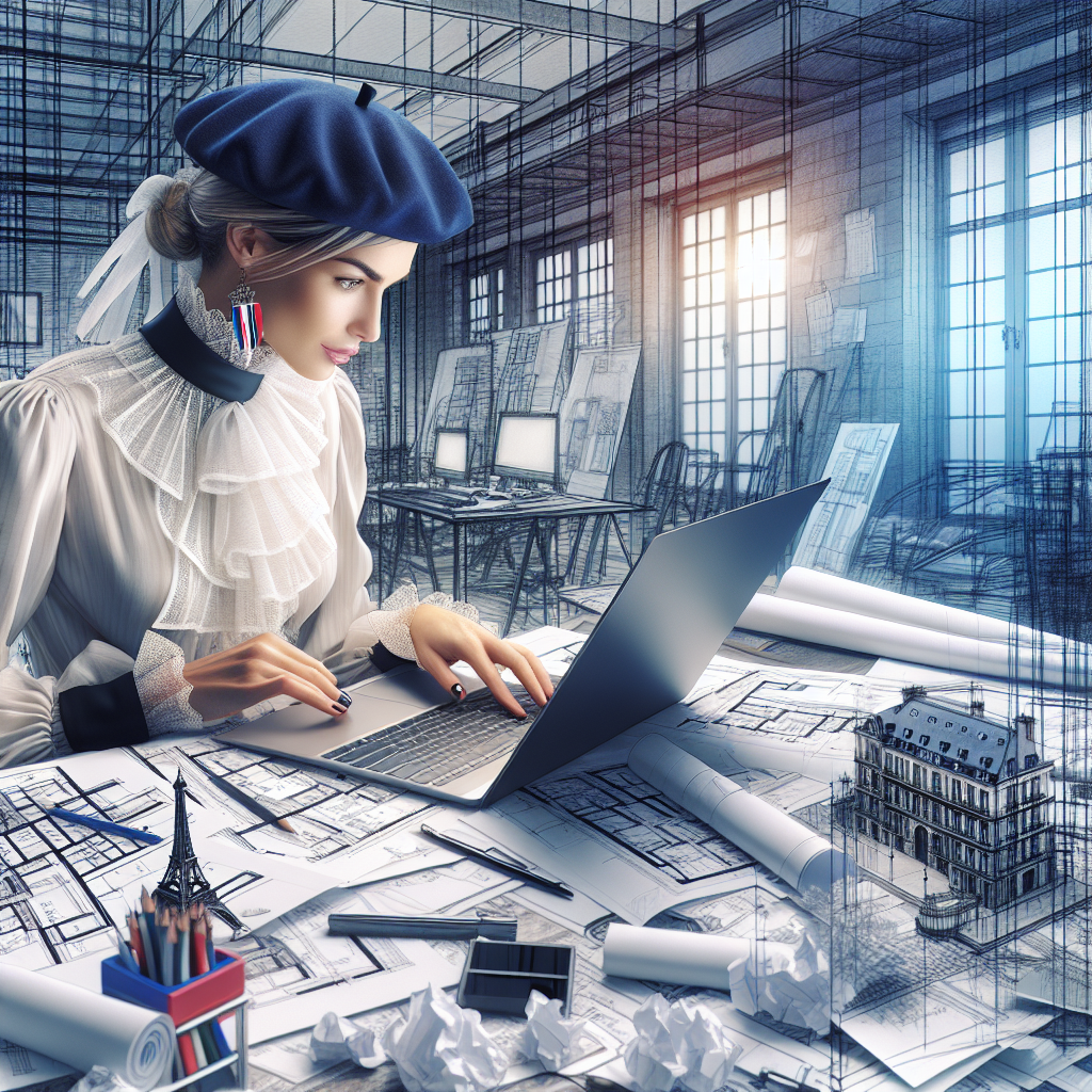 Un designer travaillant sur un ordinateur portable, entouré de croquis et de plans.
