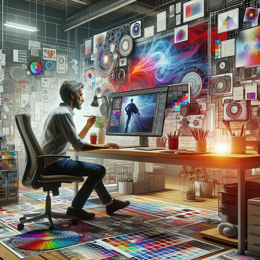 Un designer travaillant sur un ordinateur avec des échantillons de couleurs et de design.
