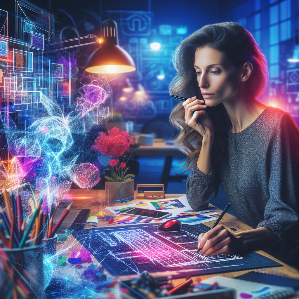 Un designer travaillant sur un croquis de site web avec des éléments modernes et colorés.