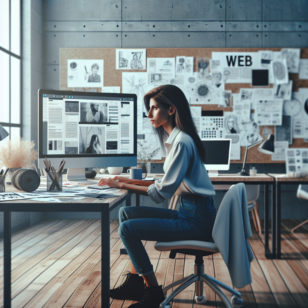 Un designer travaillant sur un site web moderne et épuré sur un écran d'ordinateur.