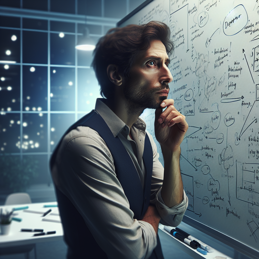 Un entrepreneur réfléchissant devant un tableau blanc avec des notes.