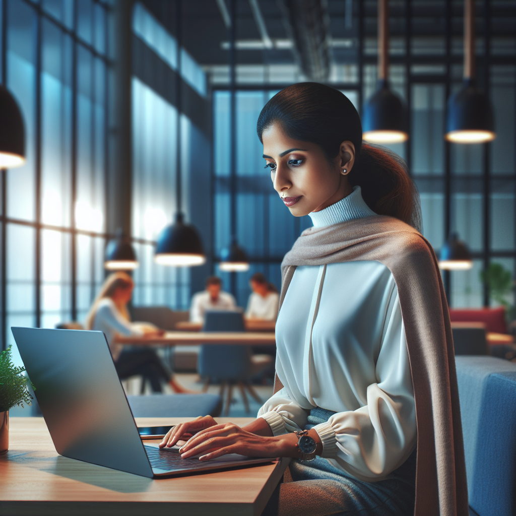 Un entrepreneur serein utilisant un ordinateur portable dans un environnement de bureau moderne.