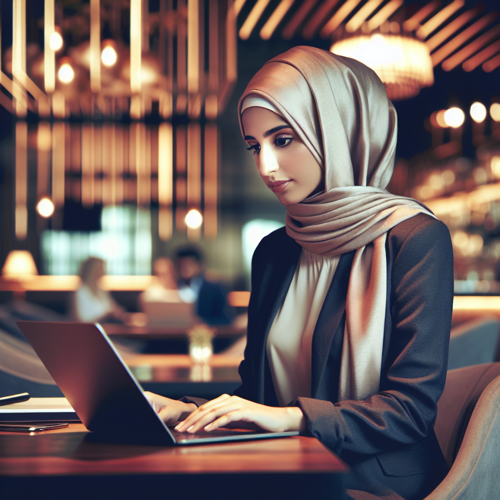 Un entrepreneur travaillant sur un ordinateur portable dans un café moderne.