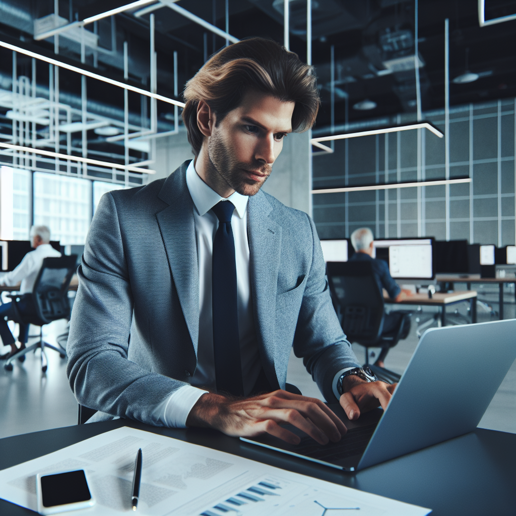 Un entrepreneur utilisant un ordinateur portable dans un espace de travail moderne.