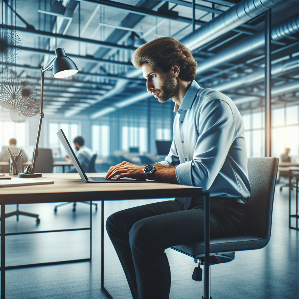 Un entrepreneur utilisant un ordinateur portable dans un environnement de bureau moderne.