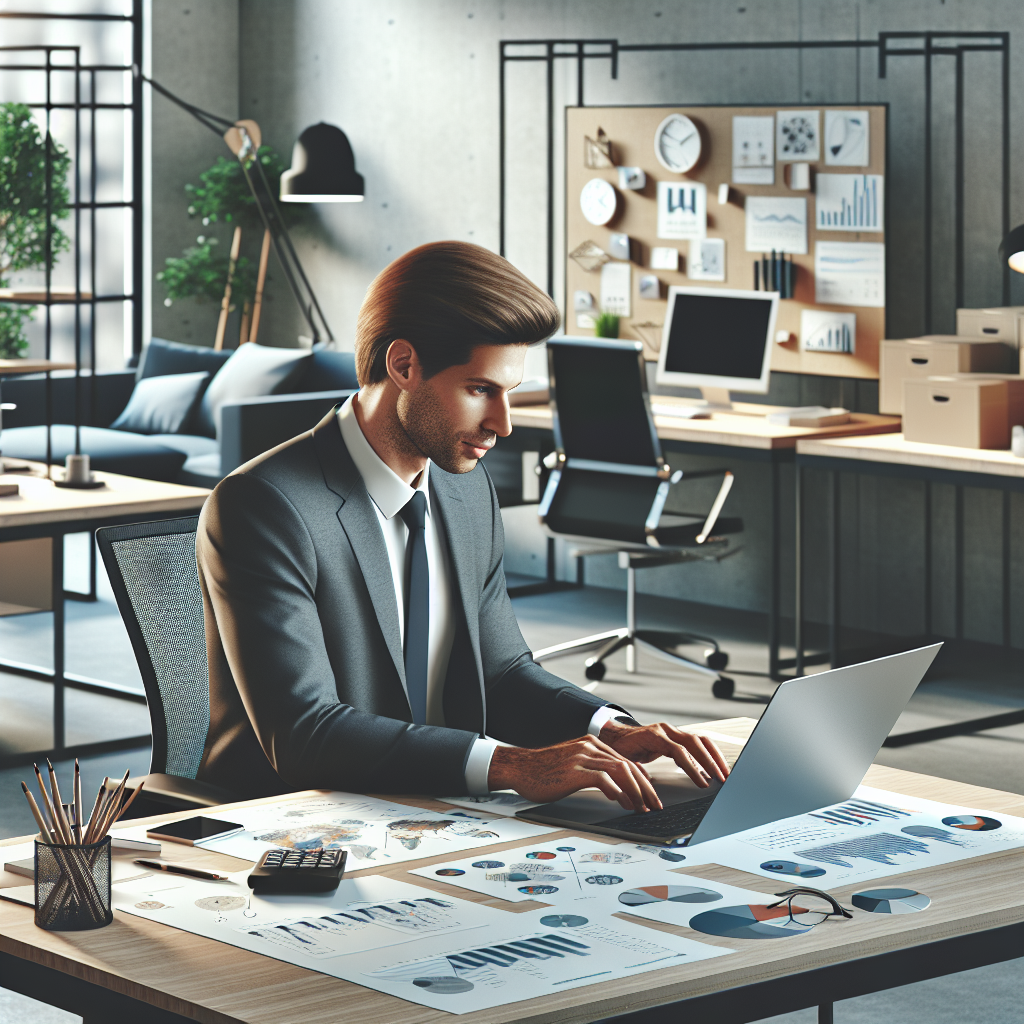 Un entrepreneur utilisant un ordinateur portable dans un environnement de bureau moderne.