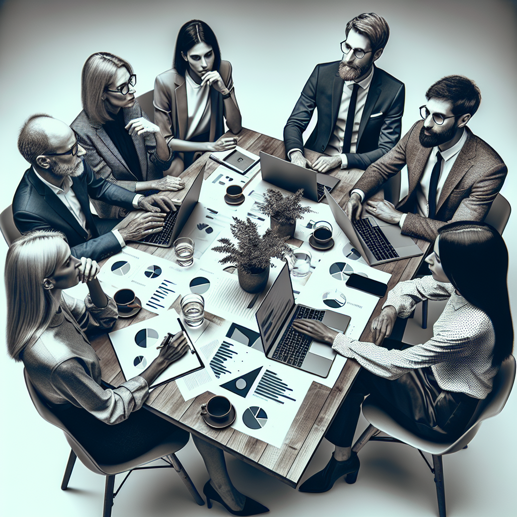Un groupe de personnes discutant autour d'une table avec des graphiques et des ordinateurs portables.