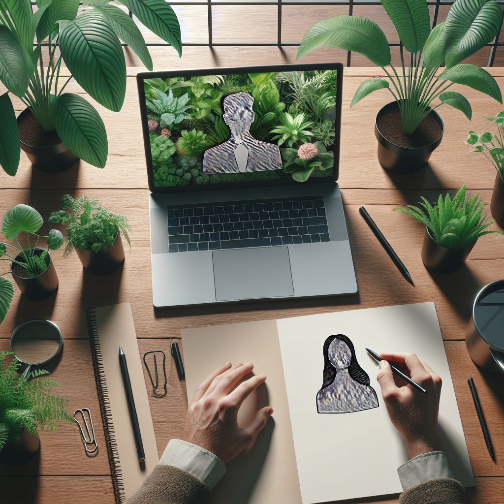 Un ordinateur portable ouvert sur un bureau avec des plantes autour, symbolisant un espace de travail écologique.