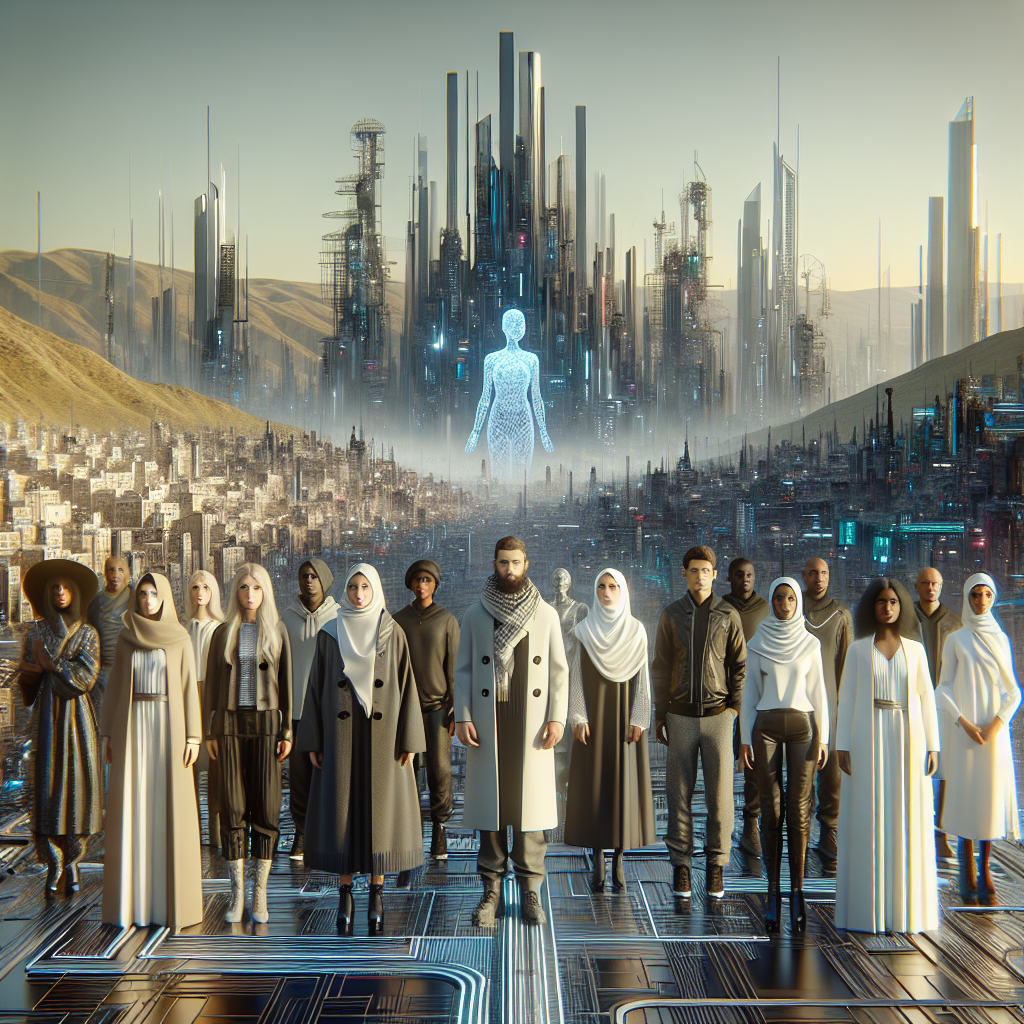 Un paysage futuriste avec des éléments technologiques.