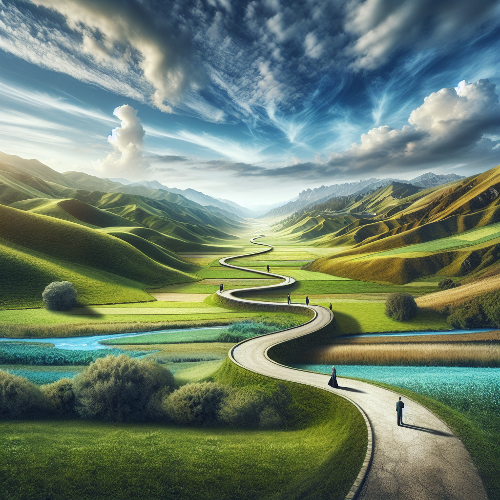 Un paysage naturel avec un chemin menant vers l'horizon, symbolisant un voyage vers le succès.