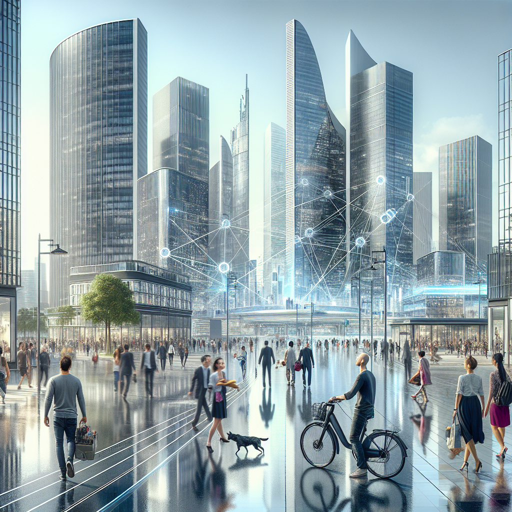 Un paysage urbain avec des bâtiments modernes, symbolisant la connectivité et la communication.