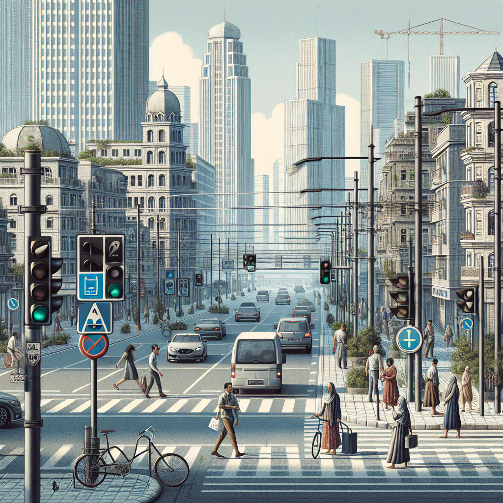 Un paysage urbain avec des routes et des panneaux de signalisation.
