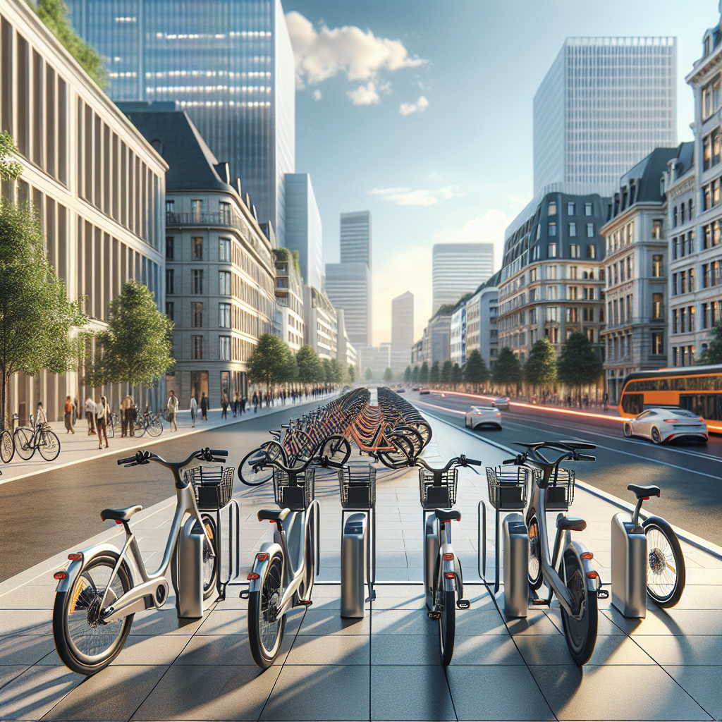 Un paysage urbain avec des vélos électriques stationnés.