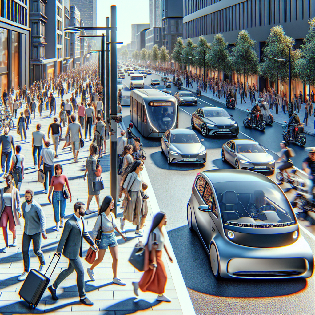 Un paysage urbain moderne avec des véhicules électriques en mouvement.
