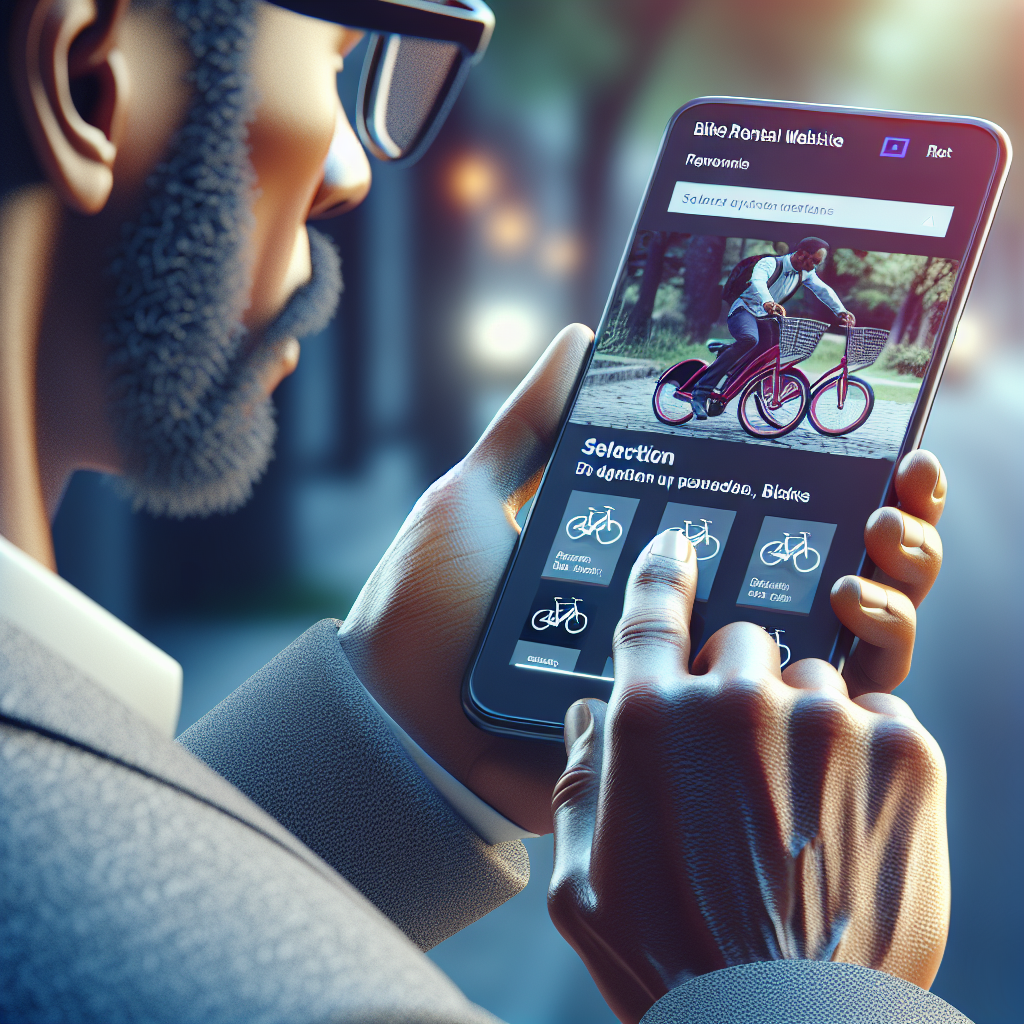 Un utilisateur naviguant sur un site web de location de vélos sur un smartphone.