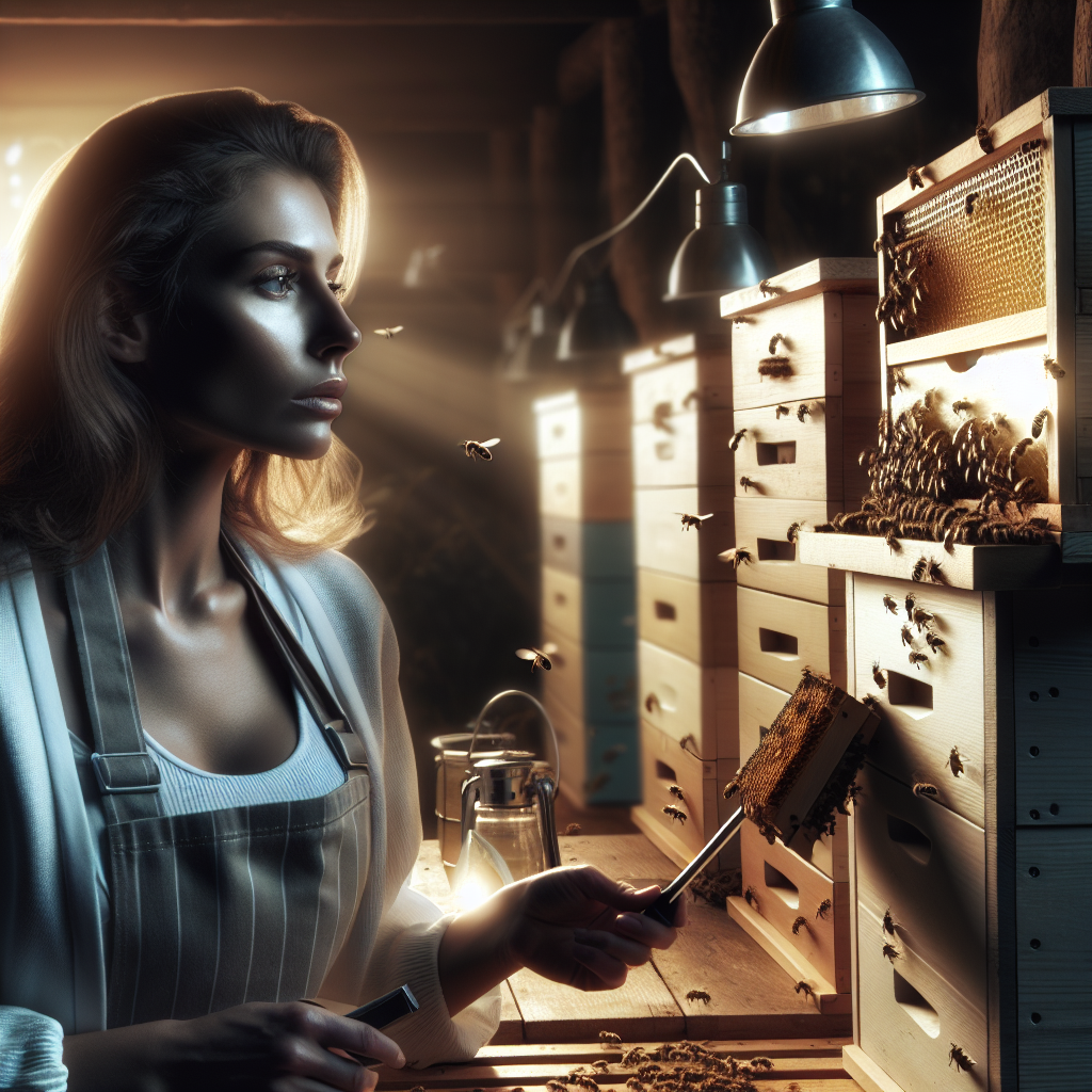 Apiculteur observant des ruches modernes et des innovations en apiculture.