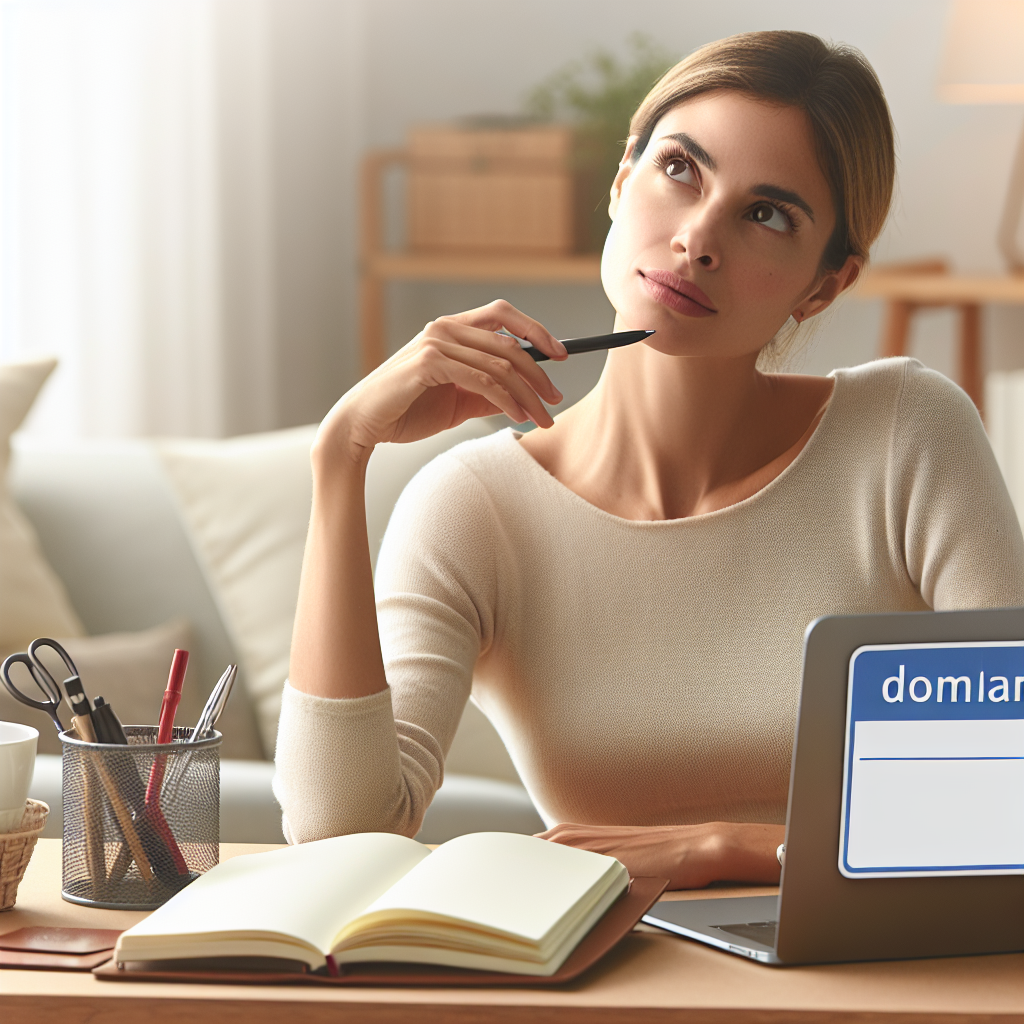 Illustration d'une personne réfléchissant à un nom de domaine créatif pour un site web.