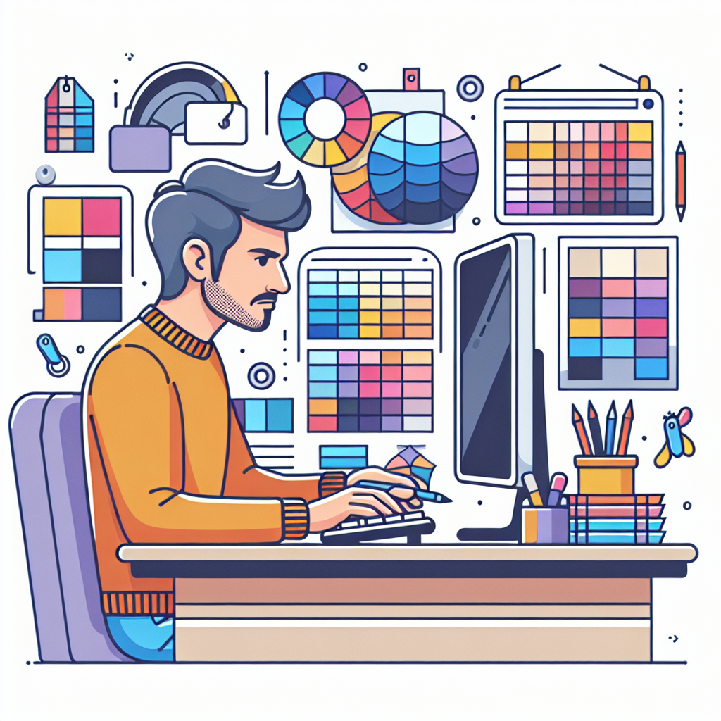 Image d'un designer travaillant sur un ordinateur avec des échantillons de couleurs et de design.
