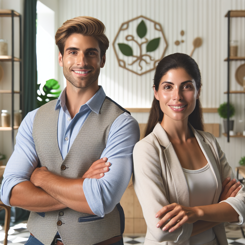 Portraits de propriétaires d'entreprises de nettoyage écologique souriants devant leur bureau.