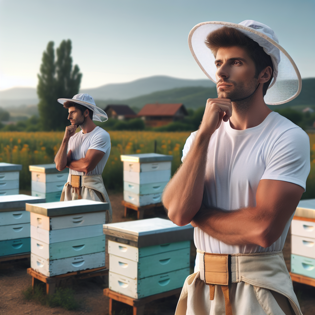 Un apiculteur réfléchissant à ses objectifs commerciaux avec des ruches en arrière-plan.