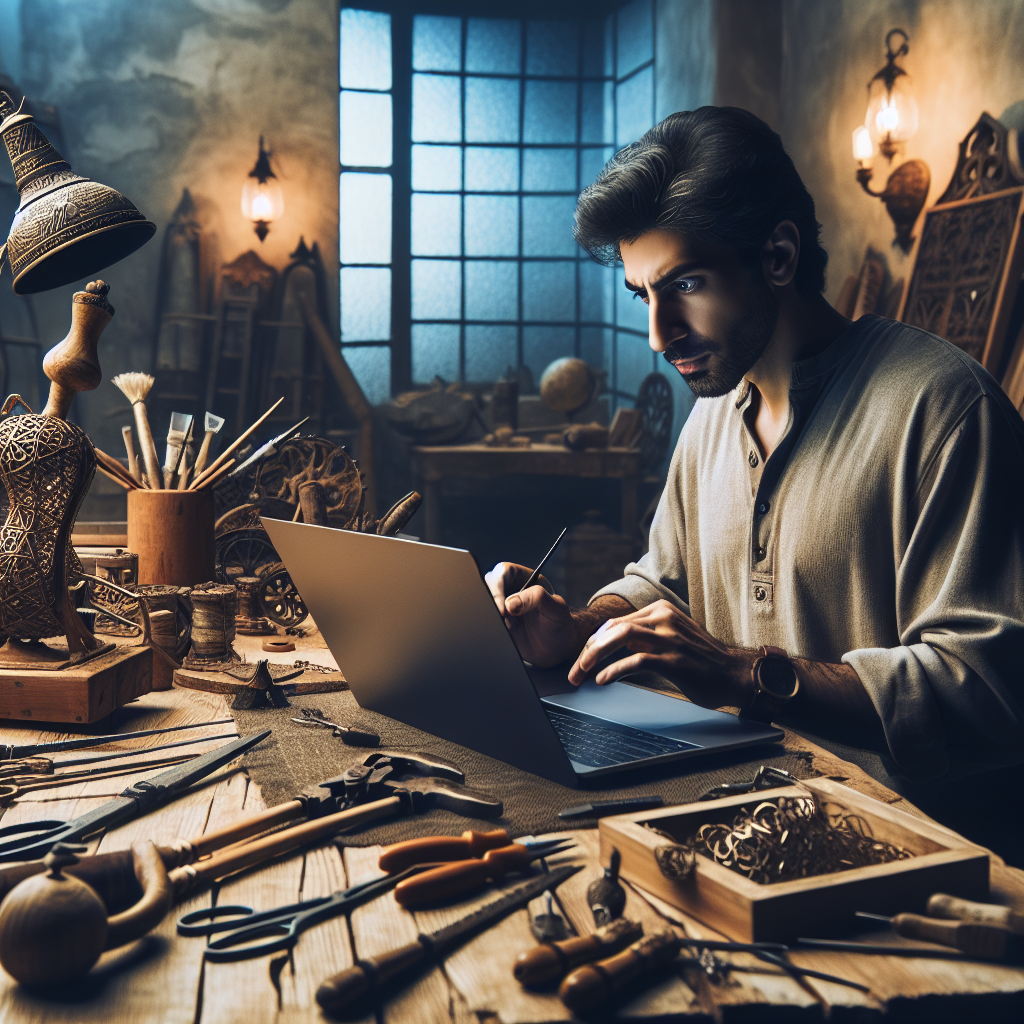 Un artisan travaillant sur un ordinateur, avec des outils artisanaux à proximité.