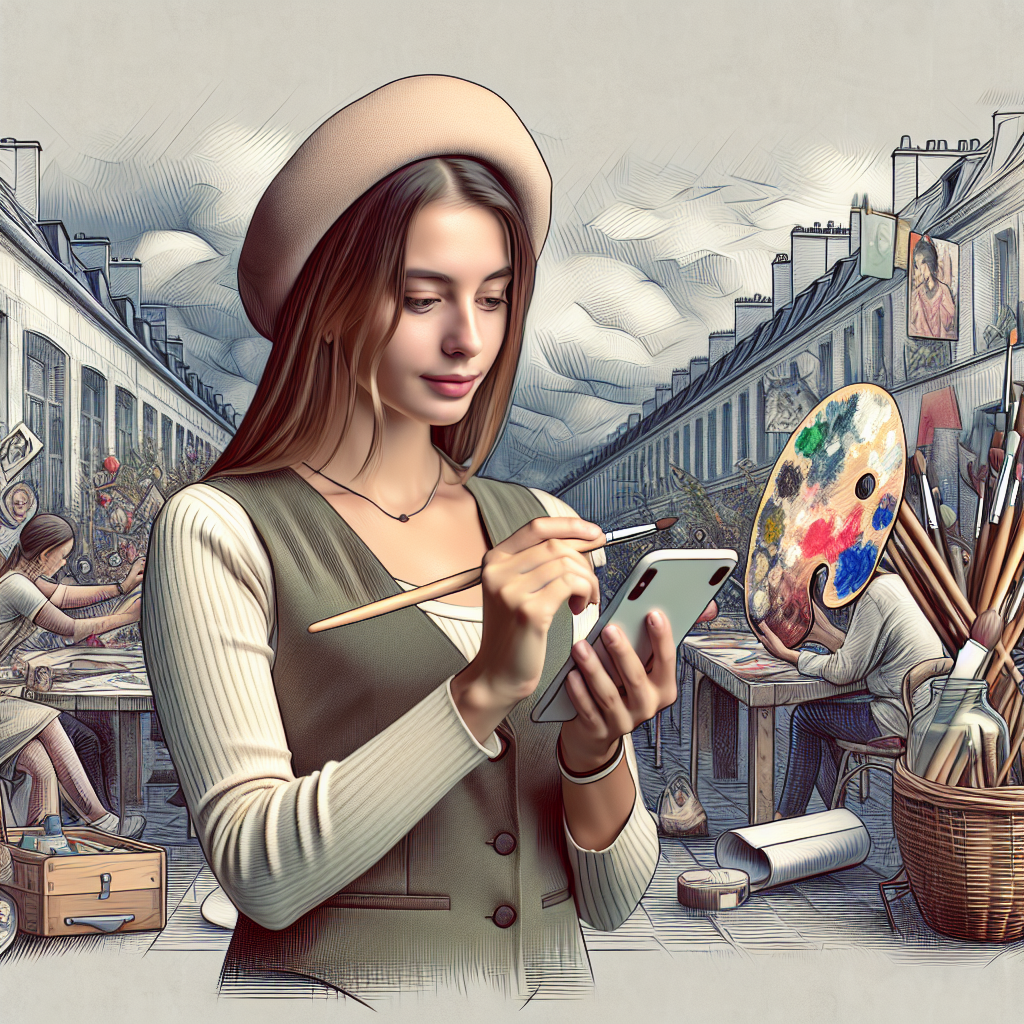 Un artiste partageant son portfolio sur les réseaux sociaux depuis un smartphone.
