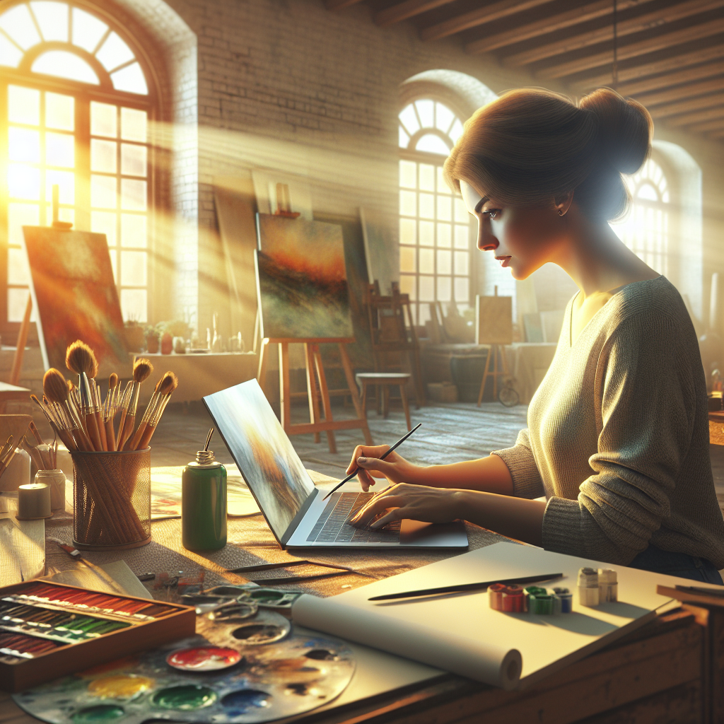 Un artiste travaillant sur un ordinateur portable dans un studio lumineux.