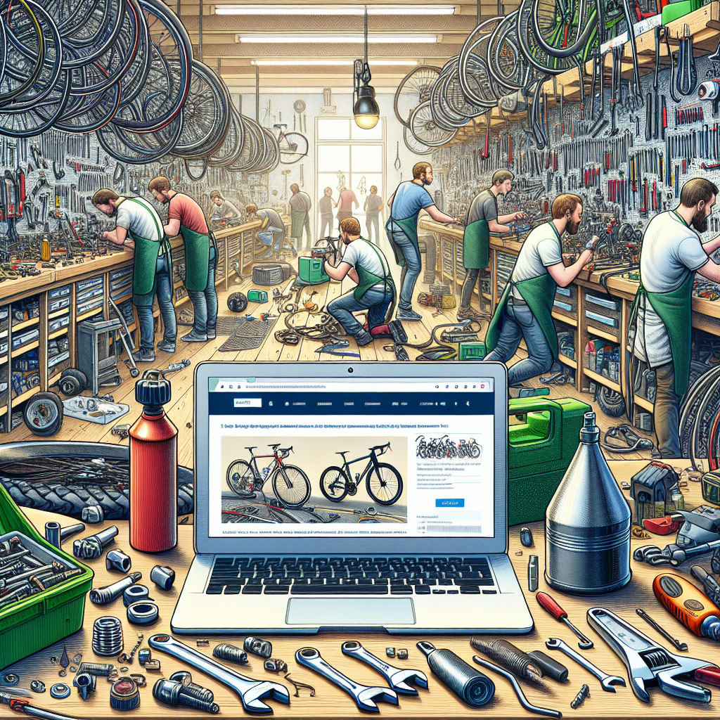 Un atelier de réparation de vélos avec un ordinateur portable affichant un site web.