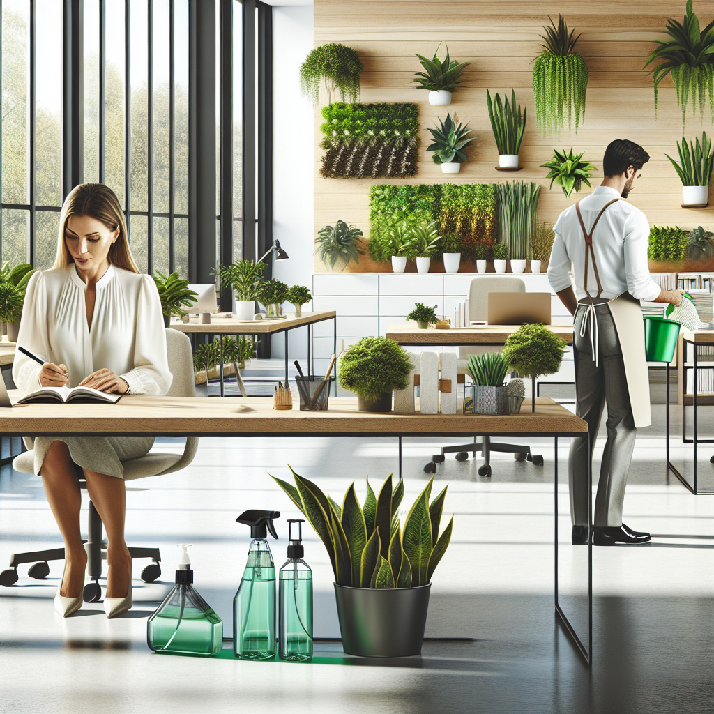 Un bureau moderne avec des plantes vertes et des équipements de nettoyage écologique.