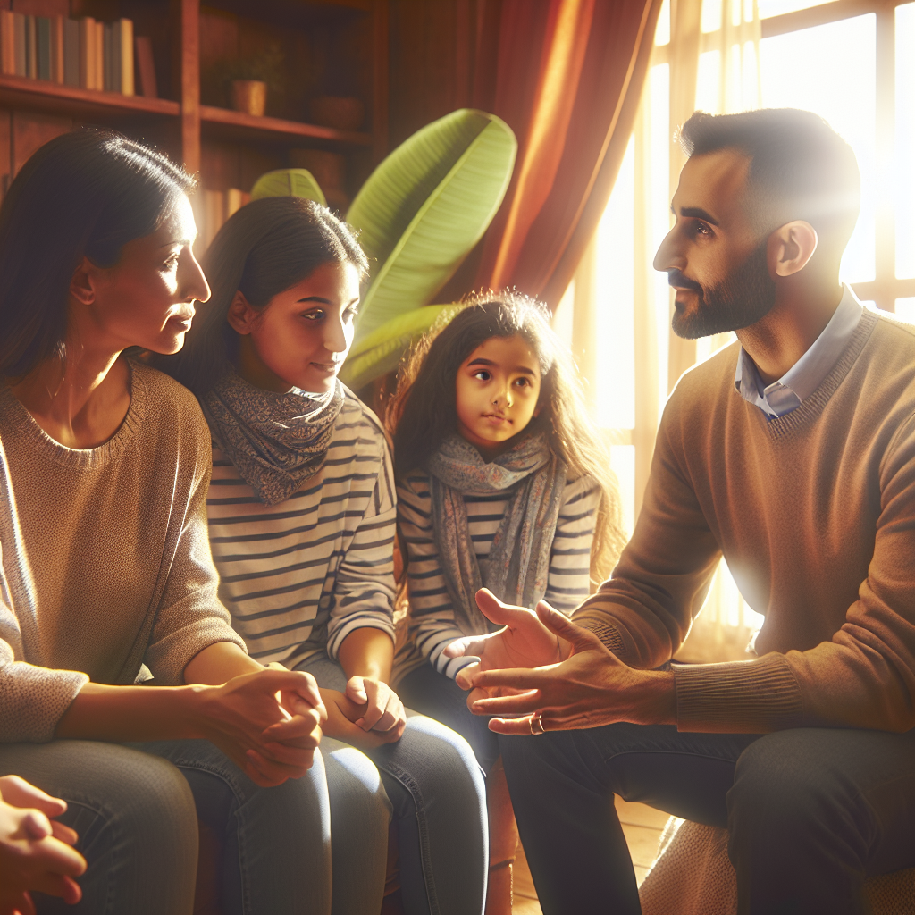 Un coach parental discutant avec une famille dans un cadre chaleureux.