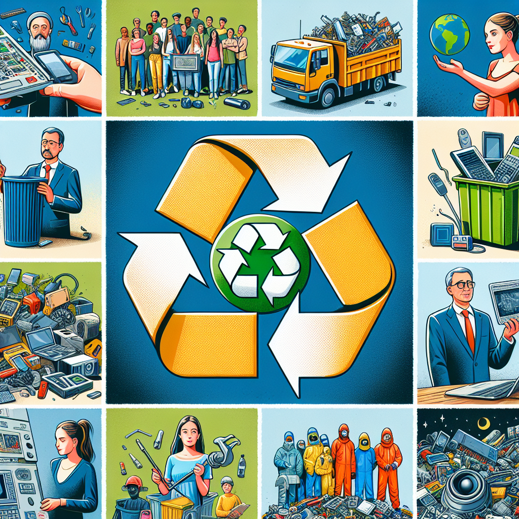 Un collage de photos de recyclage et d'équipements électroniques.