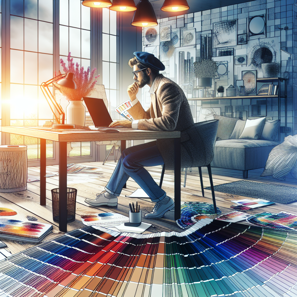 Un designer travaillant sur un ordinateur portable avec des échantillons de couleurs.