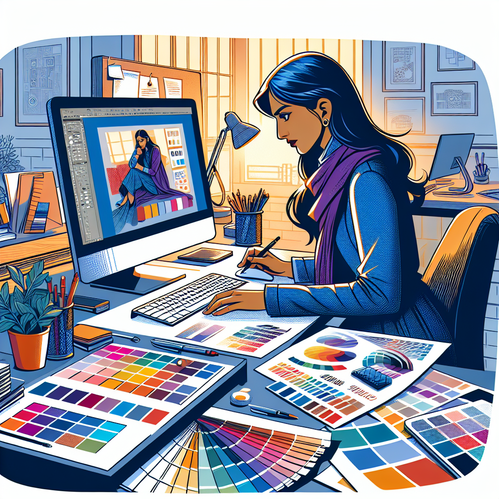 Un designer travaillant sur un ordinateur avec des échantillons de couleurs et de typographies.